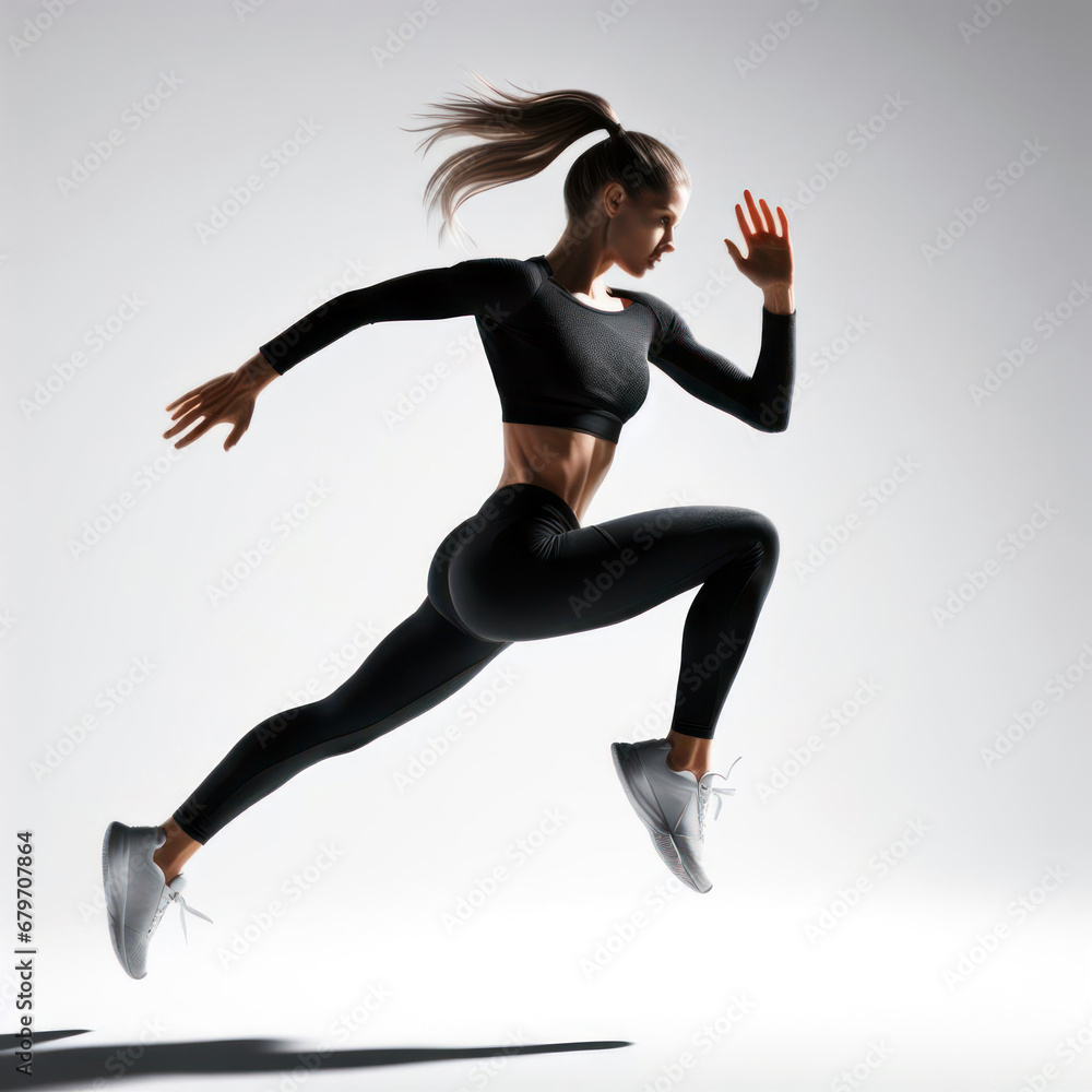 Enthusiastic female runner practicing running with determination isolated on white background.