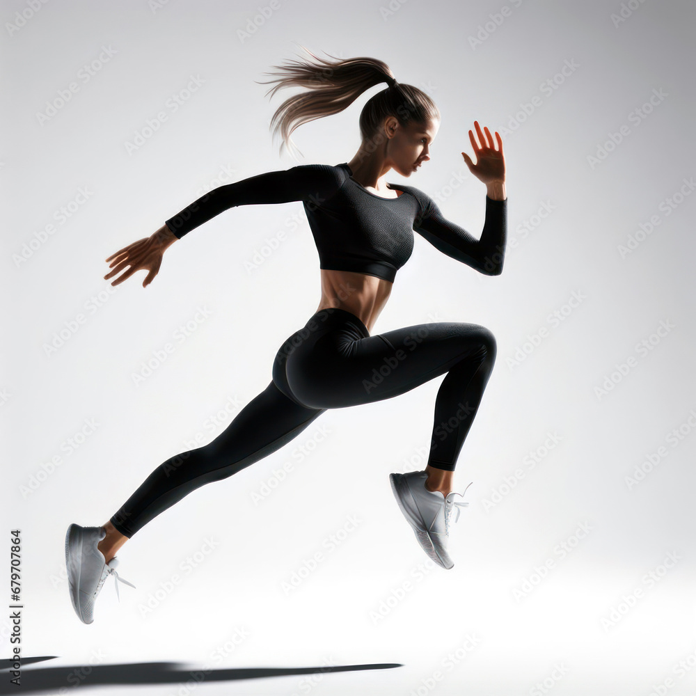 Enthusiastic female runner practicing running with determination isolated on white background. Enthusiastic female runner practicing running with determination isolated on white background.