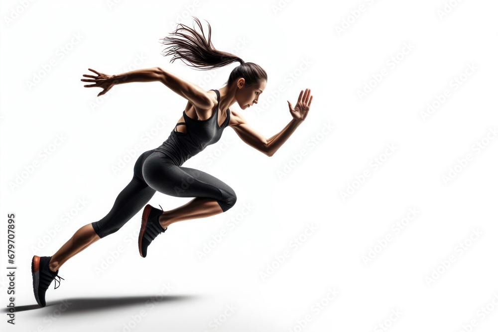 Enthusiastic female runner practicing running with determination isolated on white background. Enthusiastic female runner practicing running with determination isolated on white background.