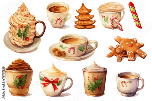 Set of Christmas and New Year cookies and cup of coffee. Vector illustration.