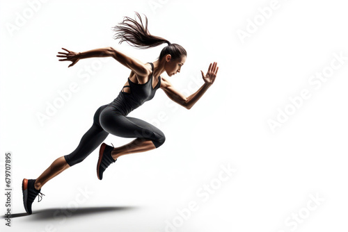 Enthusiastic female runner practicing running with determination isolated on white background.