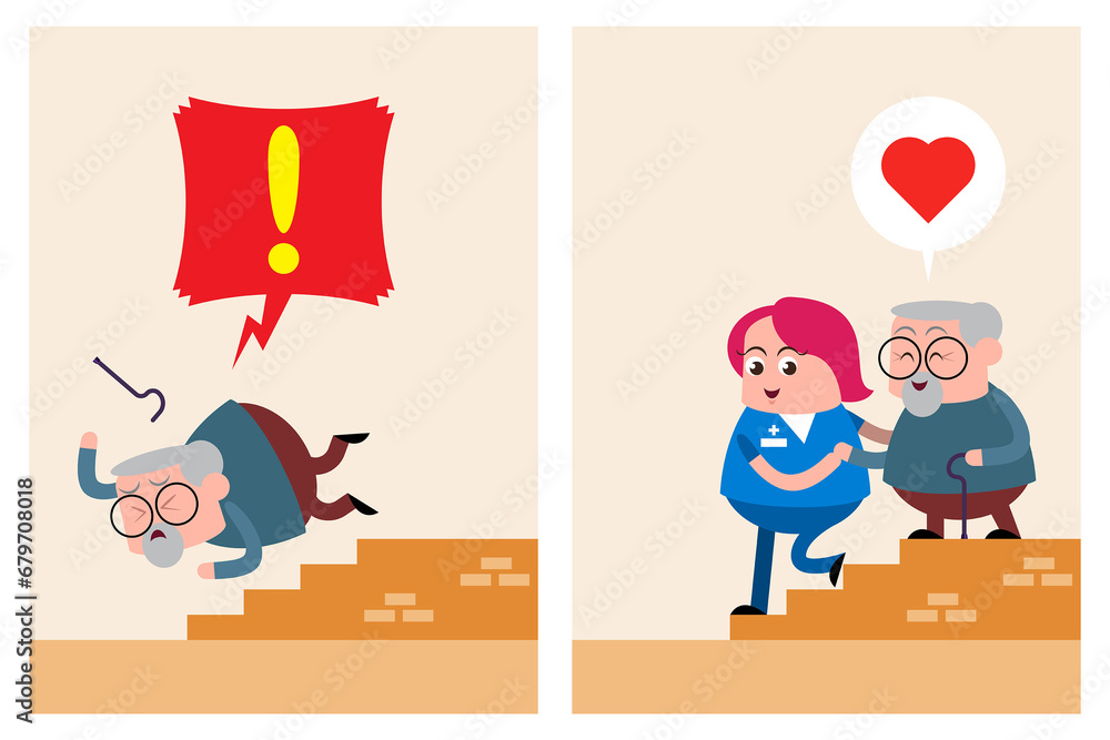 emotion cute vector, illustration flat cartoon character lifestyle senior man be careful going up the stair, fall and can't go up stairs with wheelchair.