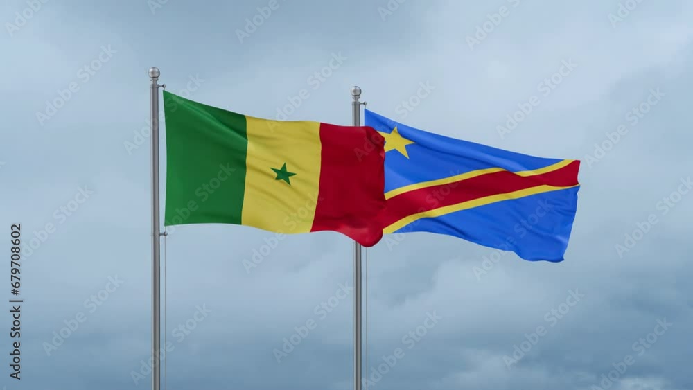 Democratic Republic of the Congo flag and Senegal flag waving together on cloudy sky, endless seamless loop, two country relations concept Democratic Republic of the Congo flag and Senegal flag waving together on cloudy sky, endless seamless loop, two country relations concept
