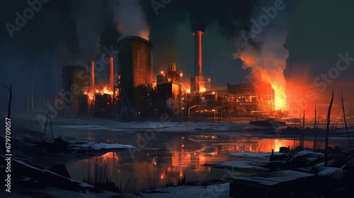 Power plant with smoking chimneys on a background of blue sky. Factories release CO2 into the atmosphere. Concept of carbon trading market. Atmospheric pollution, air pollution concept