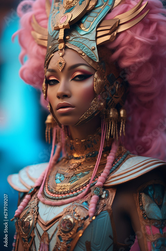 A beautiful, surreal portrait of a woman with pink hair, face paint, jewellery and a necklace. Pink and blue composition. Afrofuturism