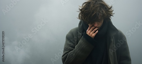 Depression, addiction, and mental health young man lost in a misty cloud with text space. photo