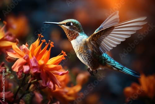 Flying hummingbird in tropical forest near the flowers © DK_2020