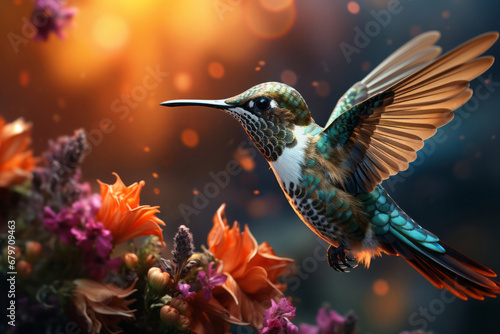 Flying hummingbird in tropical forest near the flowers © DK_2020