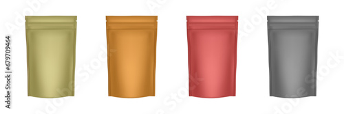 Set of 4 realistic Zip Package. Flexible doy pack. gold, orange, red and black foil bags. Plastic sachet pouch for coffee, candy, shack or nuts. Zipper food bag. Doypack. vector illustration EPS 10.
