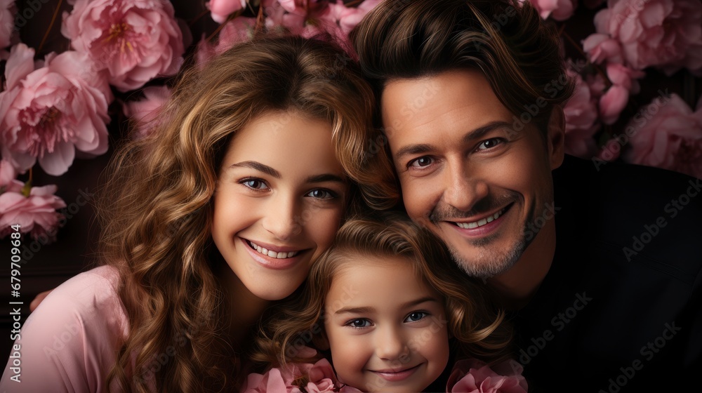 Obraz premium Mom Dad Baby Daughter Blooming Spring, HD, Background Wallpaper, Desktop Wallpaper