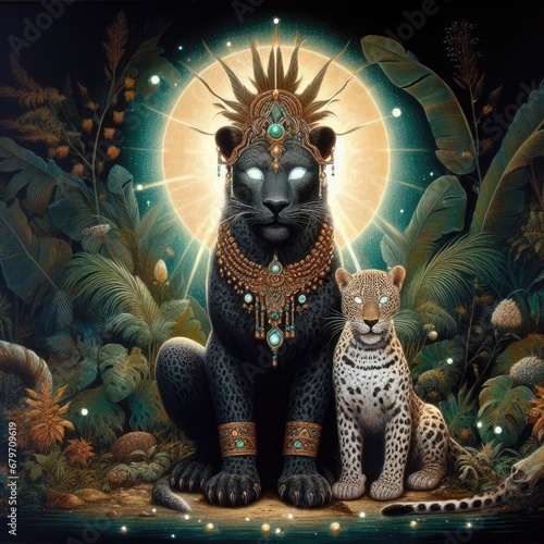 Egyptian mythology background with leopards