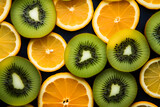 background of flat slices of orange, lemon and kiwi. Fresh fruit