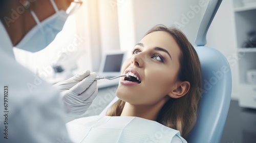 portrait of young woman with open mouth lying in dentist chair photo