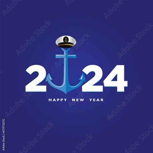 Navy New Year 2024 Concept, Navy officer, Soldier cap, Anchor, and Indian flag wave on isolated Background, Navy warships, Wishing Greeting Card. Beautiful Calligraphy of  Navy Day. Marine new year