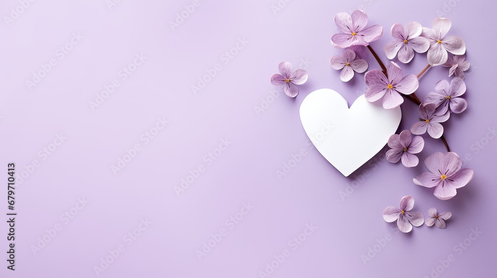  a white paper heart surrounded by pink flowers on a purple background with copy - space for your text or image.