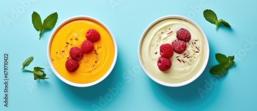 A Pair of Delicious Yogurt Bowls Topped with Juicy Raspberries Created With Generative AI Technology