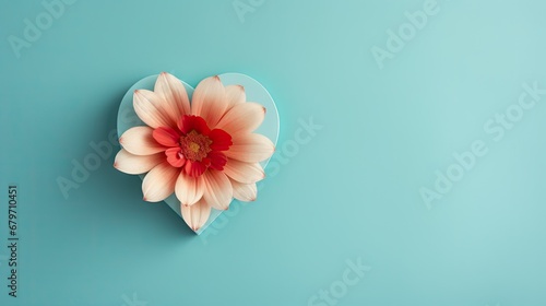  a heart shaped box with a pink flower in the middle of it on a blue background with a red center. © Shanti