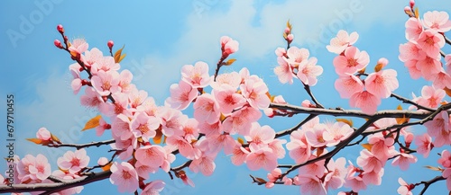 A Serene Spring Scene: Branches Adorned with Pink Blossoms Under a Clear Blue Sky Created With Generative AI Technology
