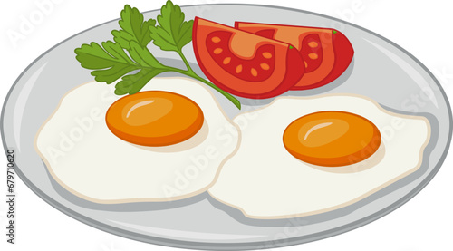 Scrambled Eggs, Tomatoes, and Parsley on a Plate. Delicious Healthy Breakfast. Vector Illustration of Delicious and Nutritious Morning Food. Vector Illustration for Cafe or Restaurant Menu Design