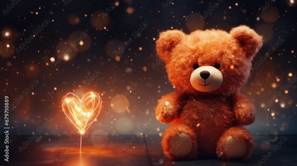 teddy bear with a sparkler in the shape of a heart, falling snowflakes background, banner, copy space teddy bear with a sparkler in the shape of a heart, falling snowflakes background, banner, copy space
