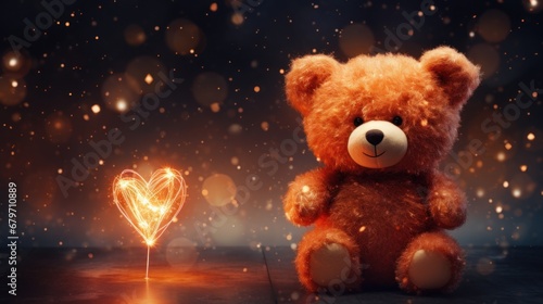 teddy bear with a sparkler in the shape of a heart, falling snowflakes background, banner, copy space