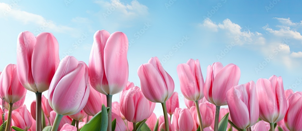 A Serene Sea of Pink Tulips Dancing Beneath a Boundless Blue Sky
