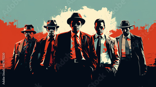 Illustration of cool looking group of gangsters or mafia in mixed grunge color pop art style.