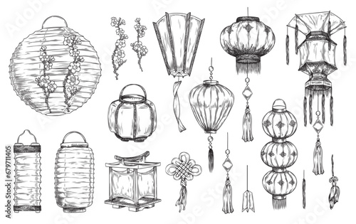 Chinese lanterns different shapes decorated sakura flowers, knitted patterns and tassels, vector engraved hand drawn set