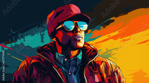 Illustration of cool looking black teenage thug, hoodlum, villain or gangster in mixed grunge color pop art style.