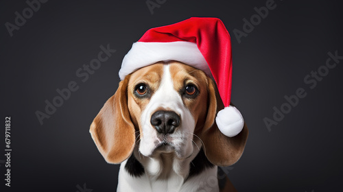 Cool looking beagle dog wearing santa hat isolated on clean background. © Tepsarit