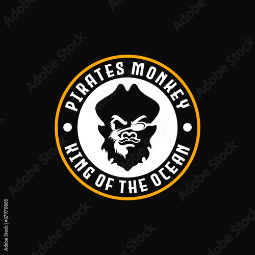 vintage retro classic of bold pirate monkey emblem logo in circular badge style. Suitable for apparel, streetwear branding, gaming communities, patches, tattoo designs, and nautical themed identities.