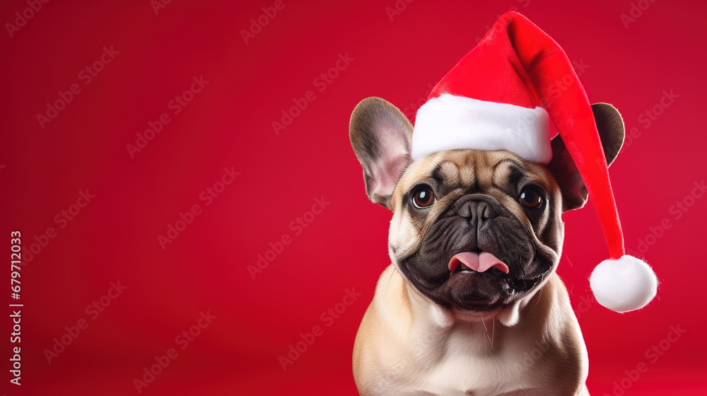 Cool looking french bulldog dog wearing santa hat isolated on red background.