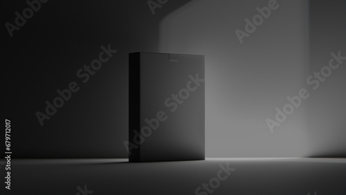 Black product box on dark background. Software box Mockup