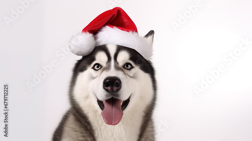 Cool looking siberian husky dog wearing santa hat isolated on white background.