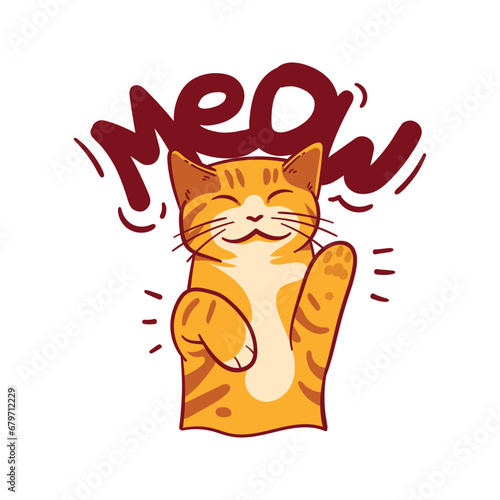 Fototapeta Naklejka Na Ścianę i Meble -  Illustration of an orange cat with a smiling face. Little cat sleeping with smiling face. With the text 