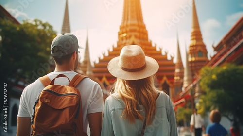 Back view of Tourist couple with hat and backpack on vacation in Bangkok, looking at Buddhist Thai Temple. Wanderlust concept.