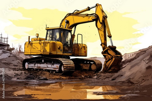 Backhoe Digging with Hydraulic Mover and Dredger Bucket - Action and Building Activity with Bulldozer Close By