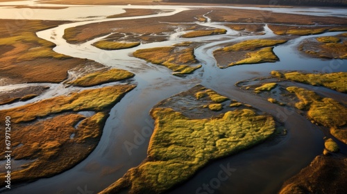 Aerial View of Sunset at Sears Point Tidal Wetland Restoration in California, US. Achieving Calmness through Wetland Restoration