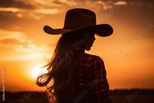 Beautiful Country Girl in Hat - Silhouette of a Gorgeous Cowgirl with Breathtaking Background Sky View