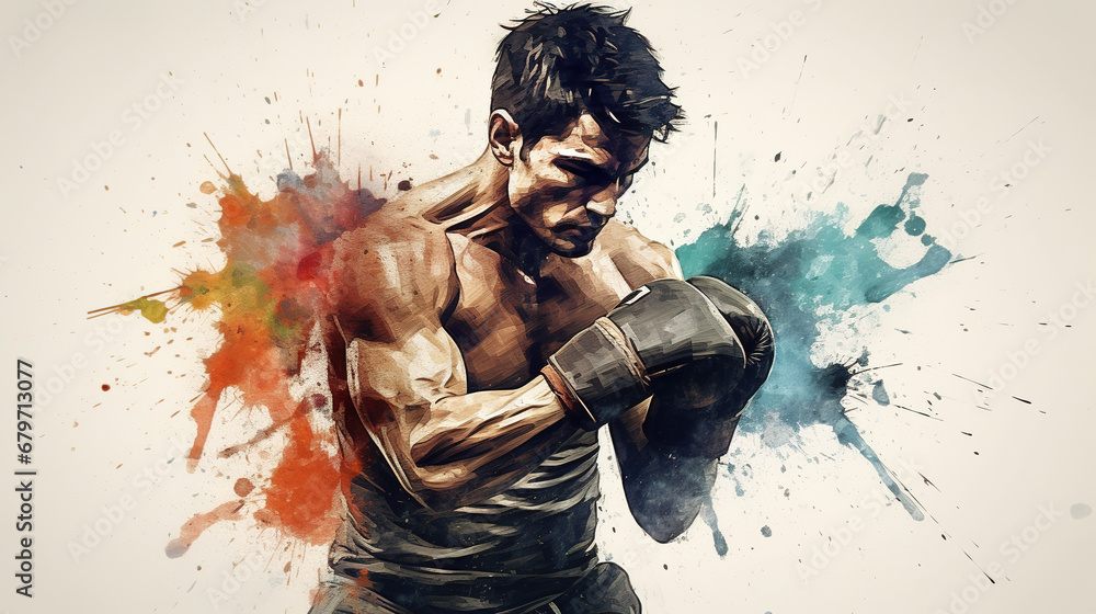 Cool looking boxer punching in mixed grunge colors style illustration. - obrazy, fototapety, plakaty 