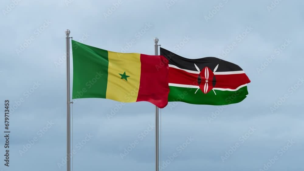 Kenya flag and Senegal flag waving together on cloudy sky, endless seamless loop, two country relations concept Kenya flag and Senegal flag waving together on cloudy sky, endless seamless loop, two country relations concept