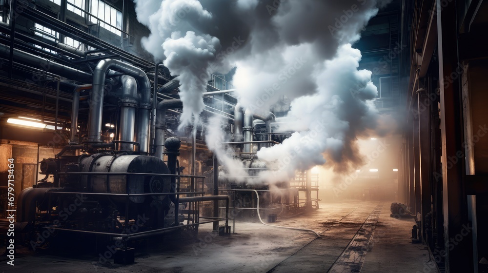 Power plant with smoking chimneys on a background of blue sky. Factories release CO2 into the atmosphere. Concept of carbon trading market. Atmospheric pollution, air pollution concept