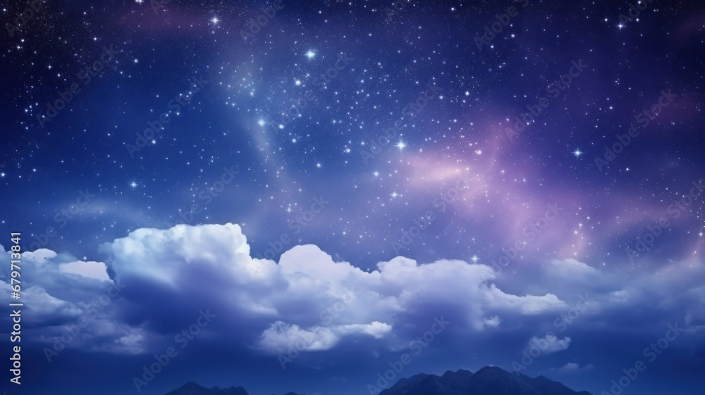 Stars in the night sky. Fluffy volumetric clouds at night against a dark blue sky with stars background. Background night sky with stars and clouds.
