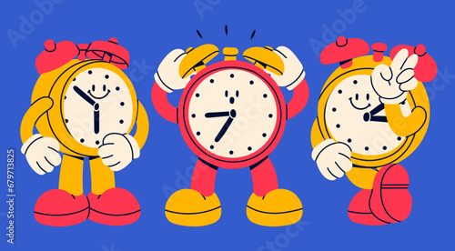Set of three Alarm clocks. Cute funny mascot with face. Hand drawn trendy Vector illustration. Cartoon style wake up clock character. Isolated design elements. Poster, print, logo, icon templates