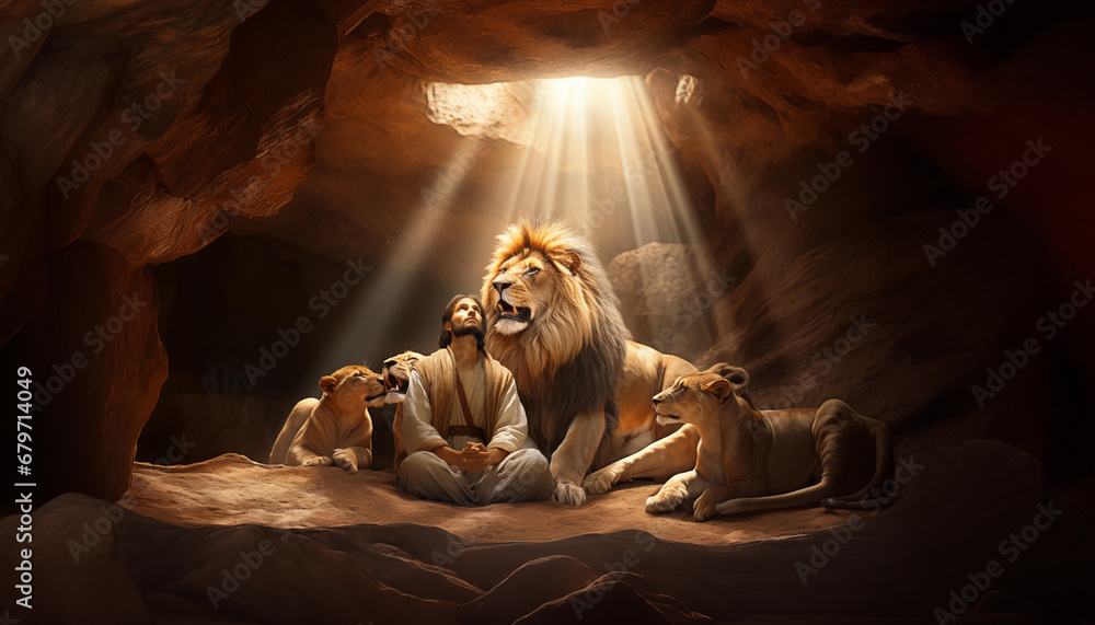 Daniel in the Lions Den - In the Midst of Danger - Daniel Prayerful Vigil - The Power of Prayer - Daniels Resilience in the Lions Den - obrazy, fototapety, plakaty 