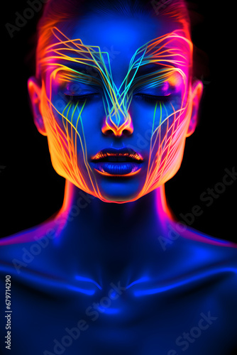 Fashion Surreal Concept. Closeup portrait of stunning girl portrait with abstract  graphic highlighters rainbow ultra-bright neon lines . dynamic dramatic composition  advertisement  copy space