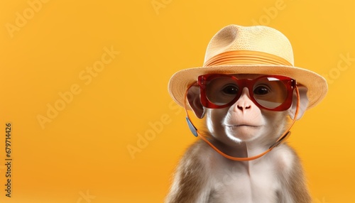 Stylish monkey in sunglasses and hat, travel concept, studio shot with isolated background © Ilja