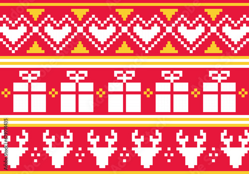 Ugly sweater, motifs de noël en pixel art, coeur, cerf, cadeaux, rouge, pull.