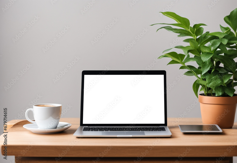 a mockup with a laptop with an empty space standing on a table with a cup of coffee and a tablet. on the background is a simple minimalistic background decorated with a plant a mockup with a laptop with an empty space standing on a table with a cup of coffee and a tablet. on the background is a simple minimalistic background decorated with a plant