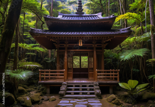 a small Asian-style pagoda building, a small temple in the middle of nature with a view of the forest, a picturesque picture